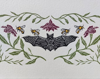 Bat Print, Bat Artwork, Original Linocut Print, Lino Print, Abeilles, Édition Limitée