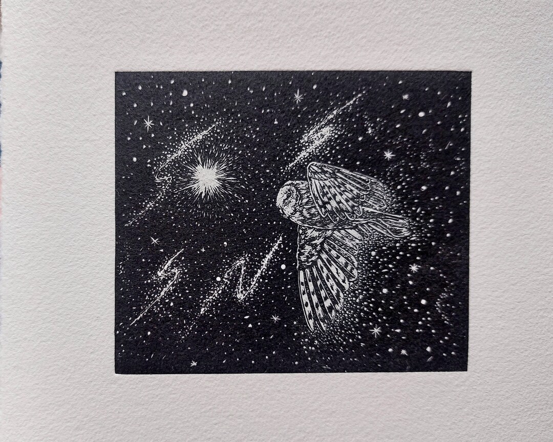 Owl Artwork, Owl and Star Art Print Original Linocut Print, Owl Art ...