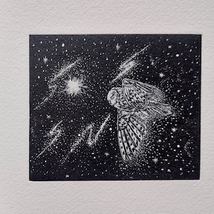 Owl Artwork, Owl and Star Art Print Original Linocut Print, Owl Art Print, Star Artwork, Print, Limited Edition