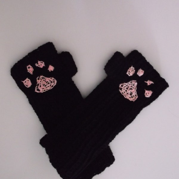 Black Cat Paw Print Fingerless Gloves, Glow in the Dark, Cold Office Hand Gloves, Home Made, Crochet, Ribbed Design, Wrist Warmers, Winter