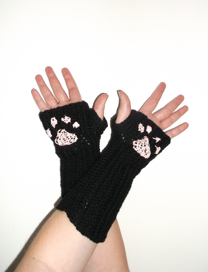 Black Cat Paw Print Fingerless Gloves, Glow in the Dark, Cold Office ...