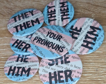 Your Pronouns | Transgender Harry Potter Badge | they/them she/her he/him and custom pronouns | book page with trans pride flag colours