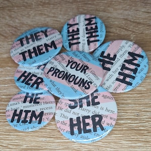 Your Pronouns Transgender Harry Potter Badge they/them she/her he/him and custom pronouns book page with trans pride flag colours image 1