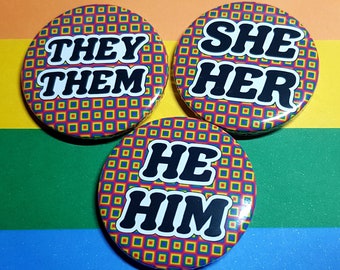 Pronouns badges I She/Her He/Him They/Them or CUSTOM pronouns rainbow Pride colours