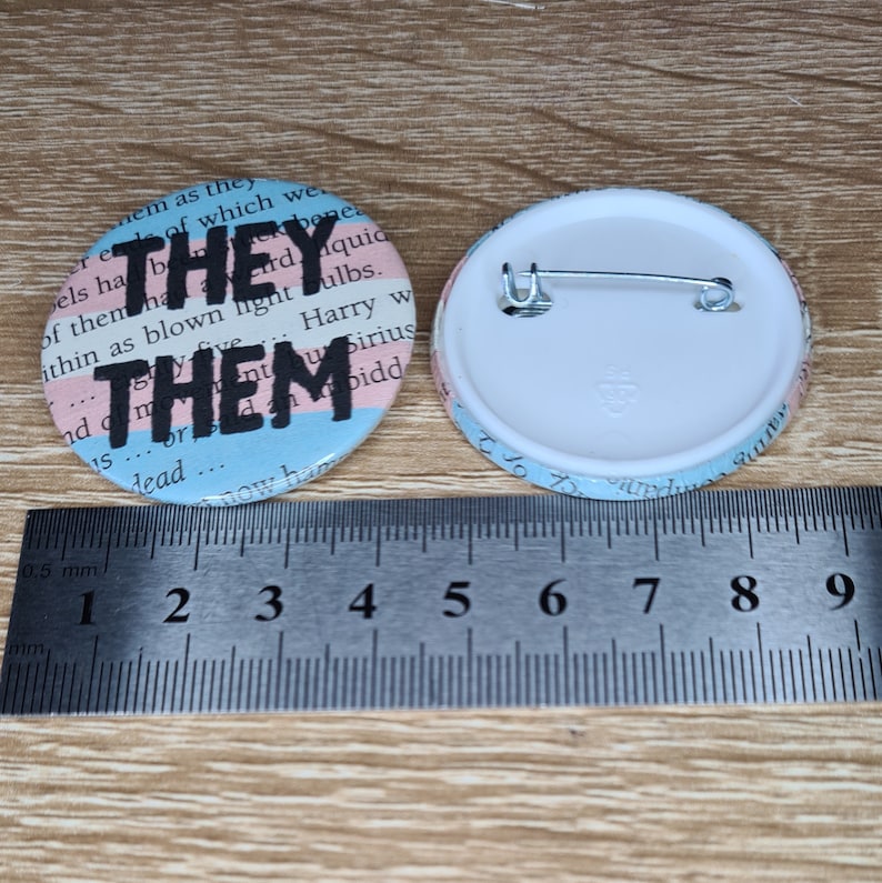 Your Pronouns Transgender Harry Potter Badge they/them she/her he/him and custom pronouns book page with trans pride flag colours image 6