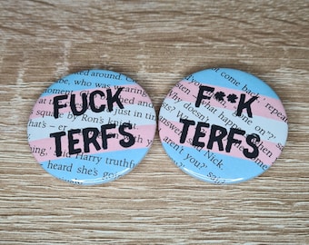 Fuck TERFs | Transgender Harry Potter Badge | book text with trans pride flag colours