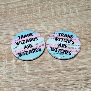 Trans Wizards and Witches Transgender Harry Potter Badge book text with trans pride flag colours 38mm 45mm image 1