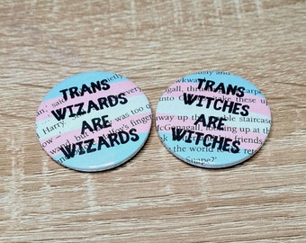 Trans Wizards and Witches | Transgender Harry Potter Badge | book text with trans pride flag colours 38mm 45mm