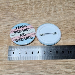 Trans Wizards and Witches Transgender Harry Potter Badge book text with trans pride flag colours 38mm 45mm image 2