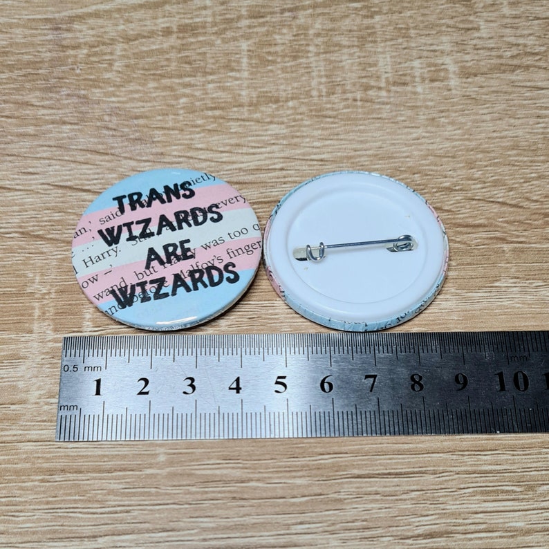 Trans Wizards and Witches Transgender Harry Potter Badge book text with trans pride flag colours 38mm 45mm image 2