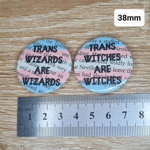 Trans Wizards and Witches Transgender Harry Potter Badge book text with trans pride flag colours 38mm 45mm image 3