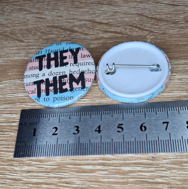 Your Pronouns Transgender Harry Potter Badge they/them she/her he/him and custom pronouns book page with trans pride flag colours image 5