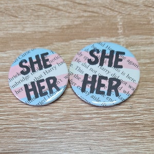 Your Pronouns Transgender Harry Potter Badge they/them she/her he/him and custom pronouns book page with trans pride flag colours image 3