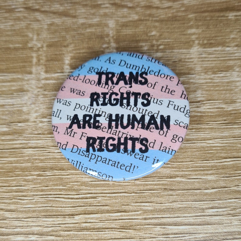 Trans Rights are Human Rights Transgender Harry Potter Badge book page with trans pride flag colours image 1