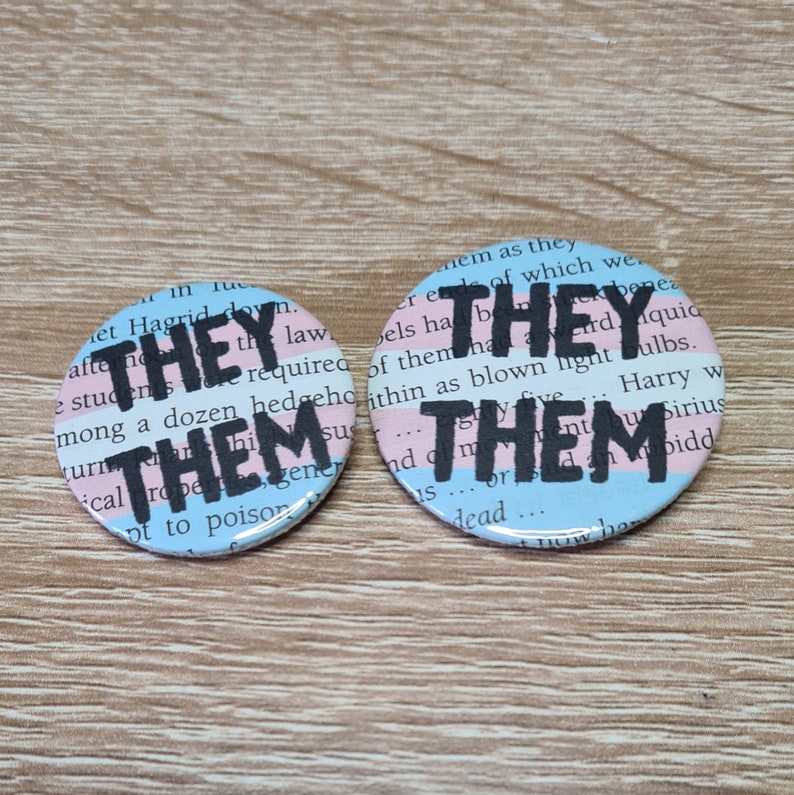 Your Pronouns Transgender Harry Potter Badge they/them she/her he/him and custom pronouns book page with trans pride flag colours image 2