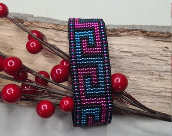 Pink and blue Greek style bead loom bracelet