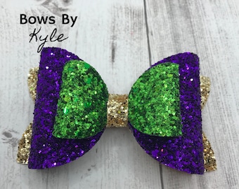 Personalized Mardi Gras Bow with Embroidered Monogram Purple Mardi Gras Boutique Bow Mardi Gras Hair Bow Mardi Gras Baby Shower Gift