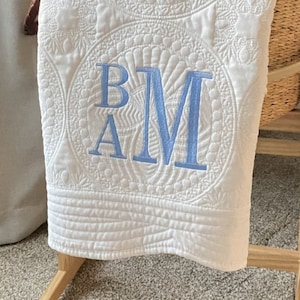 Heirloom Baby Boy Quilt with Embroidered Monogram, Personalized White Crib Quilt, Custom Keepsake Blanket, Baby Shower Gift for boy or girl
