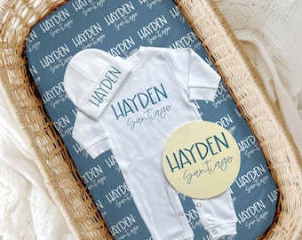 Personalized Baby Hospital Outfit Set: Minky Blanket, Hat, Romper & Name Sign