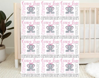 Personalized pink elephant baby girl name blanket ~ Baby Swaddle name blanket ~ Pink and Gray nursey theme, coworker baby gift