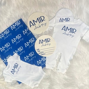 Personalized Baby Gift Bundle, Custom Name Swaddle Blanket, Newborn White Romper, Hospital take home outfit, Baby boy keepsake gift