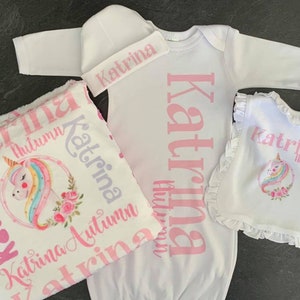 Personalized baby girl name unicorn blanket with baby layette is the prefect baby shower gift or hospital coming home layette set