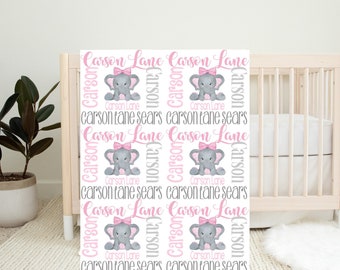 Personalized Baby Girl Pink Elephant Name Blanket, Pink and Gray Nursery, Birth Announcement photo prop, Baby Shower Gift Girl