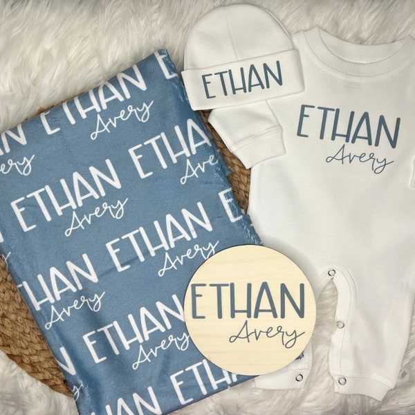 Personalized newborn gift set, Baby bundle gift set, baby name blanket, baby name sign, take home outfit, newborn boy coming home gift