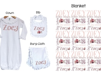 Coming home Baby Layette outfit, personalized baby outfit, gown, bib, burp cloth, customized blanket