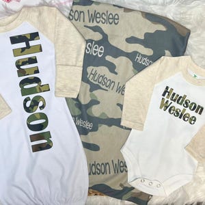 Personalized Camo Baby Name Swaddle Blanket Set – Hunting Theme Newborn Outfit, Baby Raglan Gown & Bodysuit, Custom Name Gift for Baby Boy