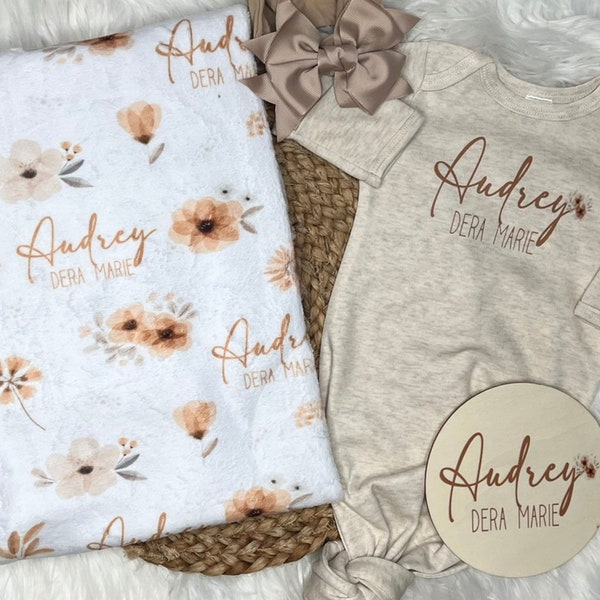 Floral baby name blanket swaddle and knotted gown set, take home newborn outfit with personalized blanket swaddle