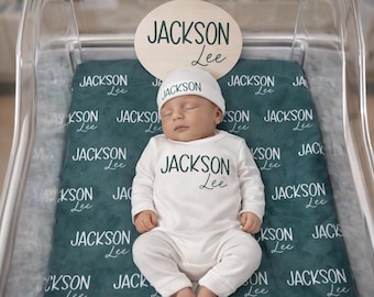 Newborn Boy Set: Name Swaddle Blanket, Personalized Romper, Newborn hat and bassinet sign set
