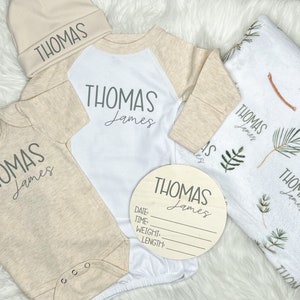Gender Neutral Baby Outfit, Name swaddle blanket, Perfect Coming Home Gift