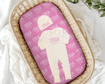 Personalized Newborn Take Home Outfit, Baby Girl Coming Home Set Swaddle blanket Romper Hat Name Sign Bundle