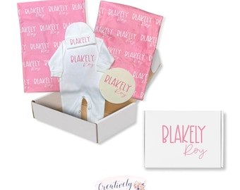 Personalized Baby Gift Bundle boy or girl, Personalized swaddle blanket and hat with name, Newborn Coming home outfit, Baby Shower Gift