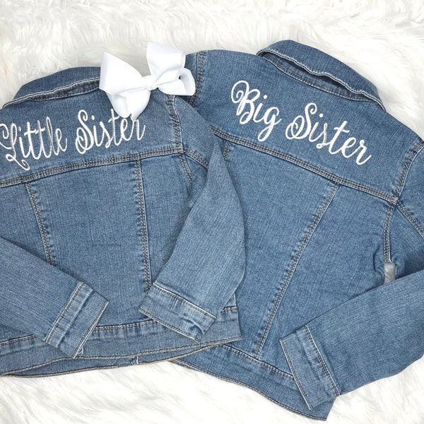 Big Sister gift, Big Sister Little Sister, Matching personalized denim jackets, Personalized Denim Jacket baby, Sibling gift set