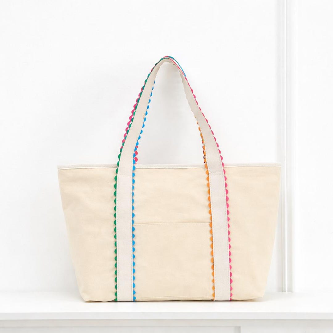 Personalized Ric Rac Canvas Tote Bag, Monogram Beach Tote, Colorful ...