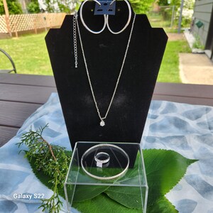 Vintage Jewelry Set Necklace, hoop Earrings , band bracelet and ring silver ton