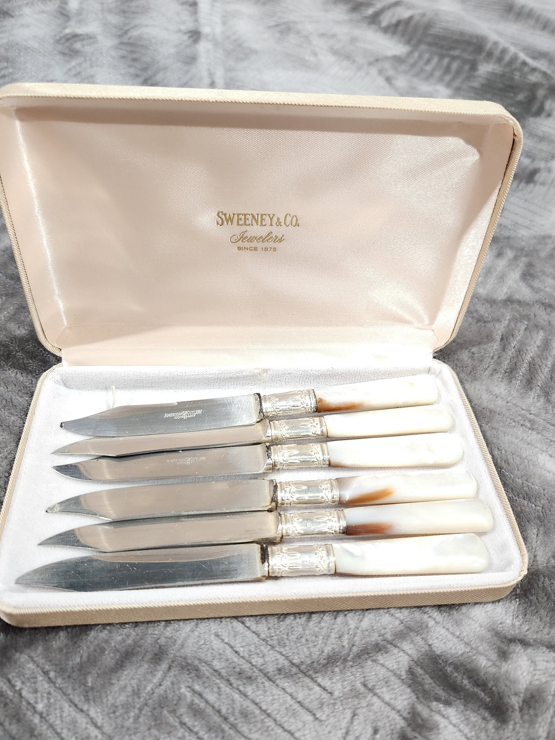 Antique Fruit Knives, Mother of Pearl Handle Sterling Silver Collar Band by American Cutlery