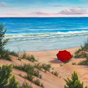 Coastal Seascape Giclée Beach Print for Home Decor, Crimson Umbrella Ocean Wall Art with Sea Grass, Beach, and Red Umbrella Art Painting