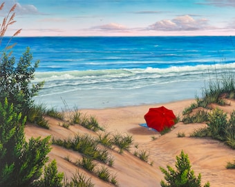 Coastal Seascape Giclée Beach Print for Home Decor, Crimson Umbrella Ocean Wall Art with Sea Grass, Beach, and Red Umbrella Art Painting