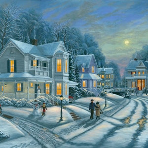 May include: A winter landscape painting depicts a snow-covered street lined with houses. Warm light glows from the windows of the houses. A couple walks down the street, and children play in the snow. The moon shines brightly in the night sky.
