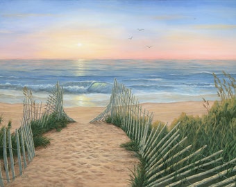 Beach Fence Coastal Landscape Giclée Beach Print for Home Decor, Coastal Sunrise Ocean with Sea Grass, and Footprints Wall Art Painting