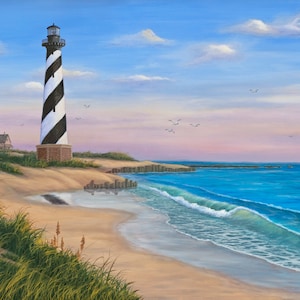 Coastal Lighthouse Seascape Giclée Beach Print for Home Decor, Cape Hatteras Ocean Wall Art with Sea Grass, and Lighthouse Art Painting