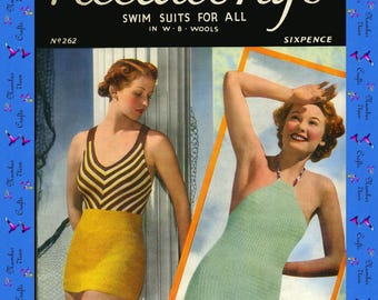 Padrões de tricô vintage dos anos 1930, maiôs para todos, roupas de praia para toda a família (download em PDF)
