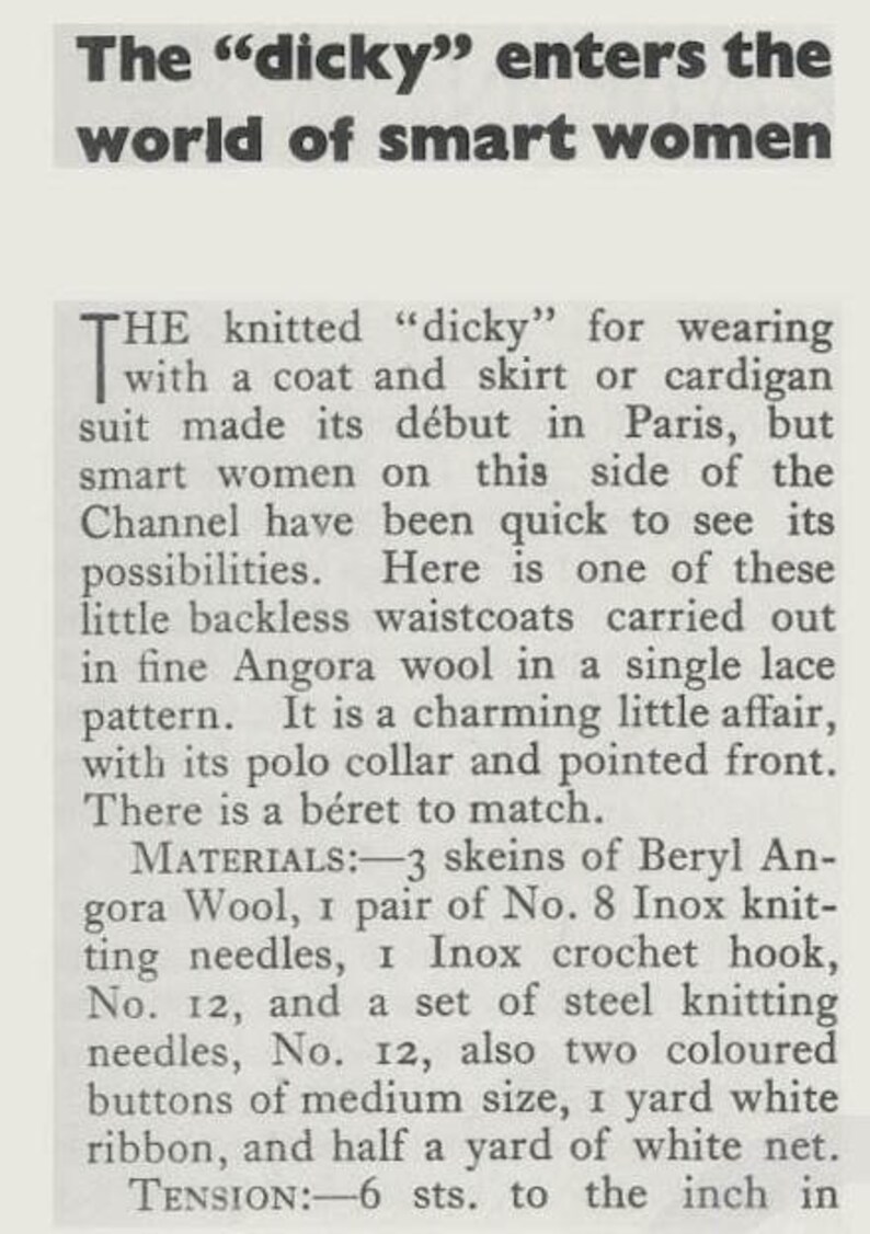 Dicky Inches Vintage October 1932 Knitting Pattern From the Very First Edition of ...