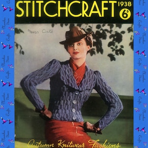 以下が含まれることがあります： 1938年9月号の雑誌「Stitchcraft」の表紙。青いニットジャケットと錆色のスカートを着た女性が特徴です。雑誌のタイトルは黄色で、下部に「Autumn Knitwear Fashions」の文字があります。