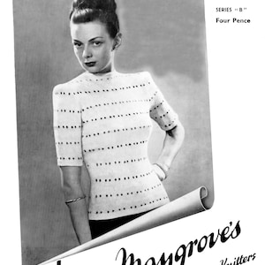 May include: Black and white image of a woman wearing a white knitted sweater with black stripes and dots. The sweater has a round neckline and short sleeves. The image is from a vintage knitting pattern.