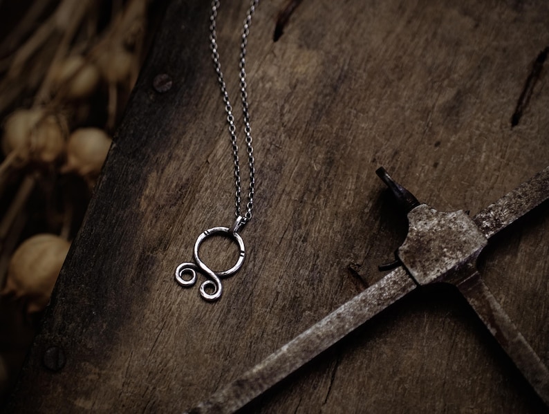 May include: A silver necklace with a circular pendant featuring a stylized double spiral design. The necklace is displayed on a rustic wooden surface.
