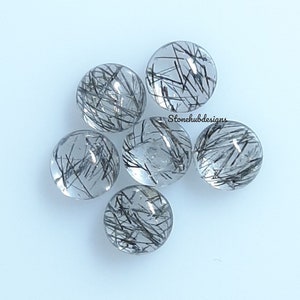 Natural Black Rutilated Quartz Round Cabochon Gemstone,  AAA Black Rutile Quartz Smooth Round Flat back Cabochon For Jewelry
